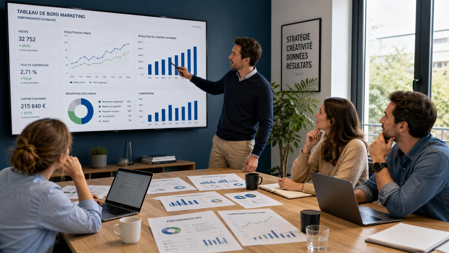 Équipe d'une agence de marketing digital analysant des courbes de croissance en France