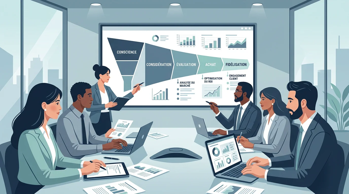 Illustration d'un parcours d'achat B2B avec plusieurs décideurs autour d'un tableau de bord digital