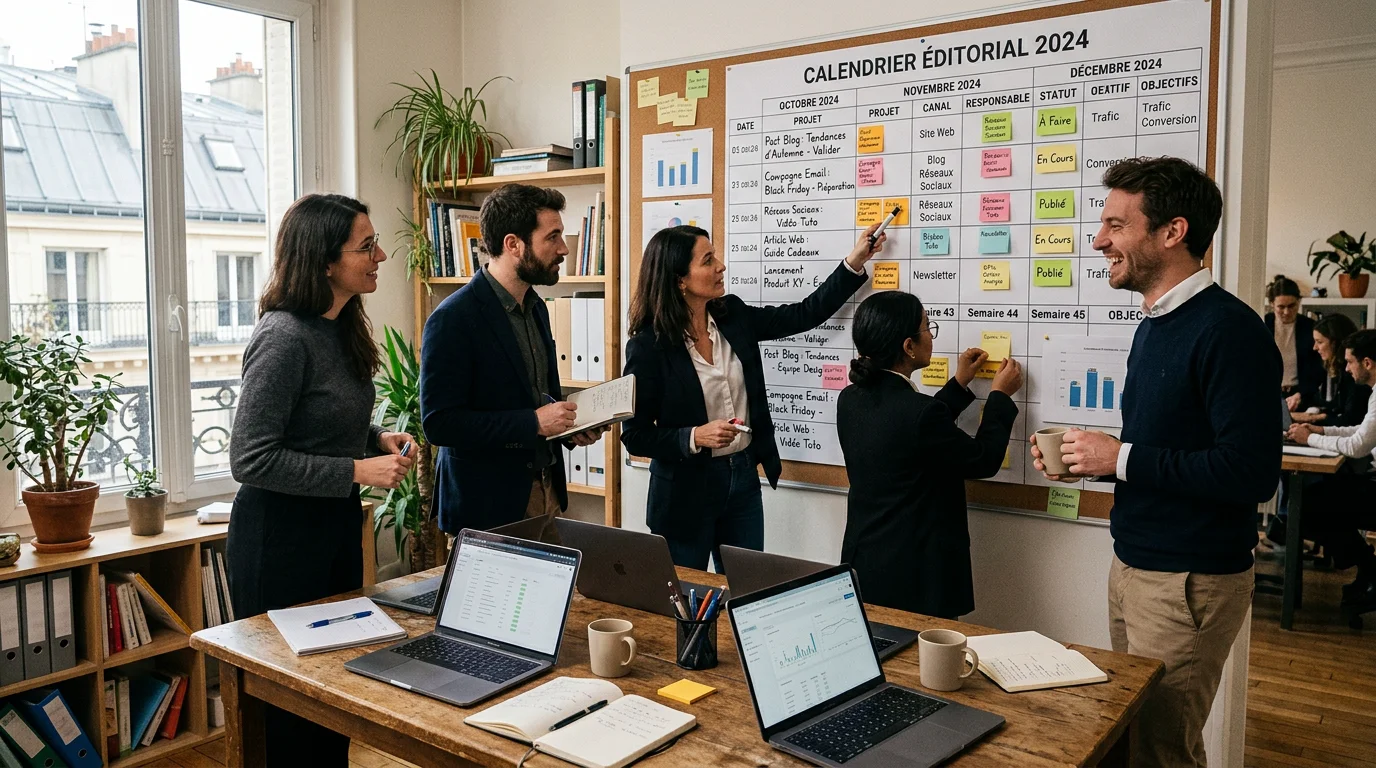 Équipe marketing planifiant un calendrier de relations presse digitales