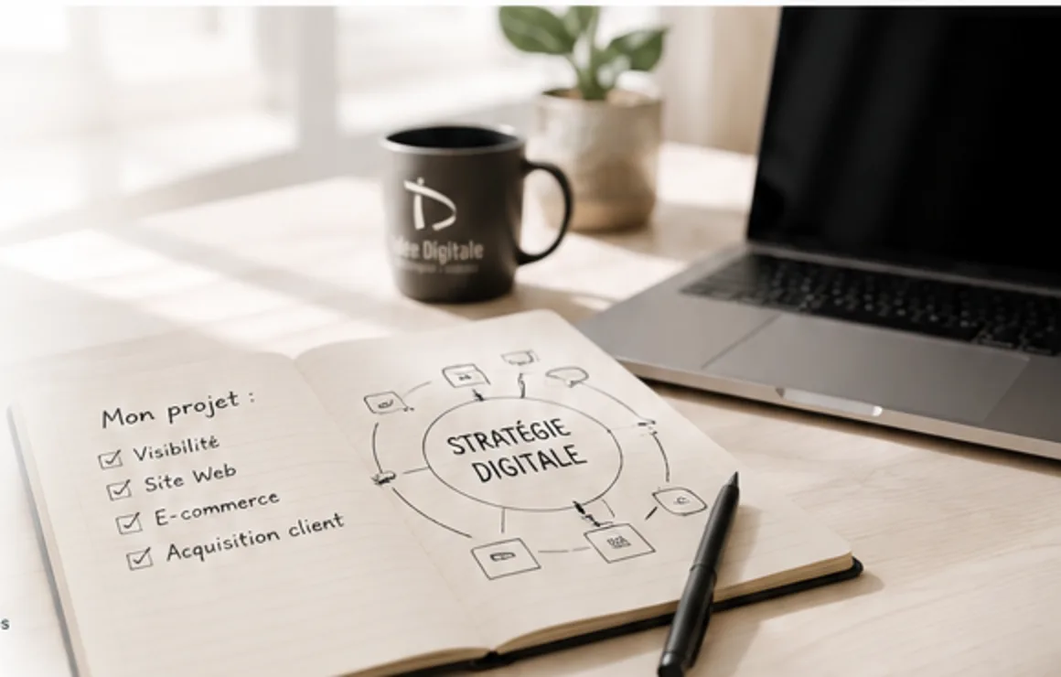 Carnet de stratégie digitale, tasse Idée Digitale et ordinateur portable