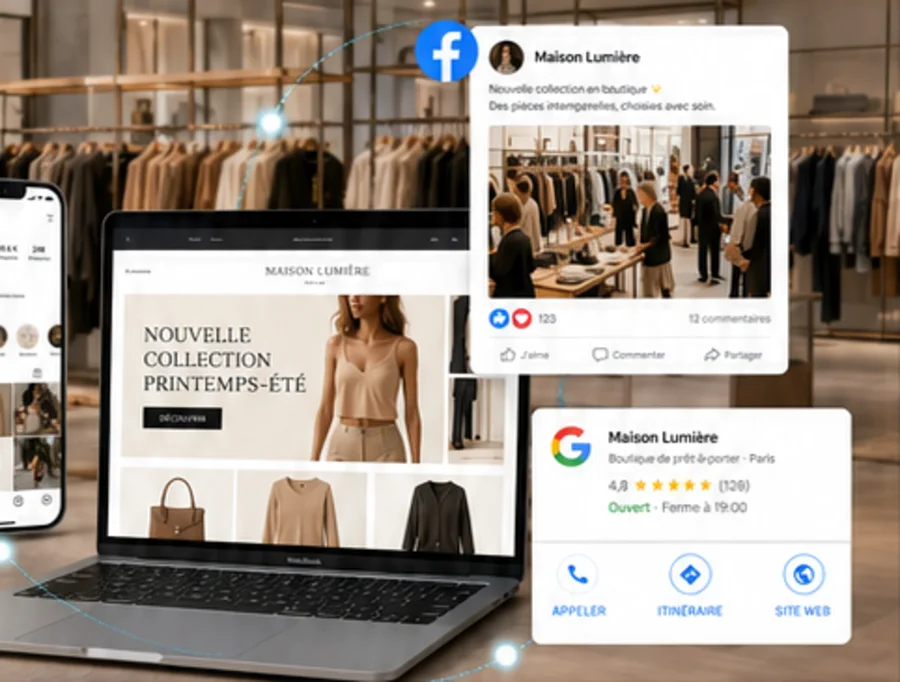 Boutique en ligne affichée sur ordinateur et mobile