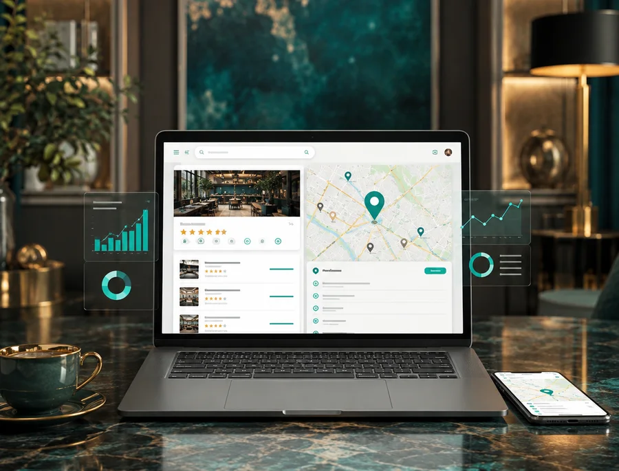Tableau de bord de visibilité locale avec carte et avis clients